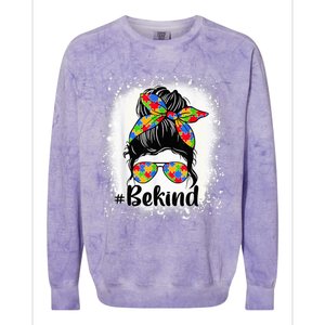 Be Kind Autism Awareness Messy Bun Mom Girl Tees Colorblast Crewneck Sweatshirt