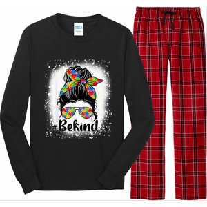 Be Kind Autism Awareness Messy Bun Mom Girl Tees Long Sleeve Pajama Set