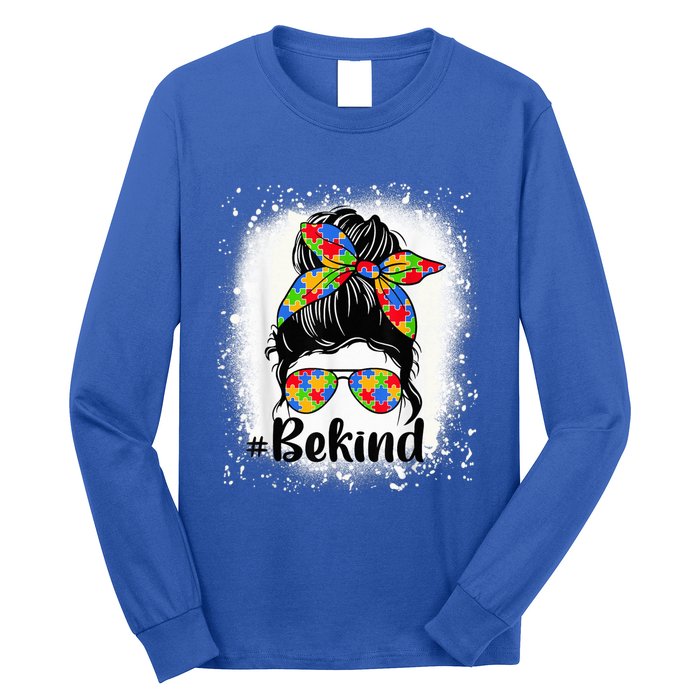 Be Kind Autism Awareness Messy Bun Mom Girl Tees Long Sleeve Shirt