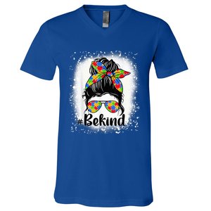 Be Kind Autism Awareness Messy Bun Mom Girl Tees V-Neck T-Shirt