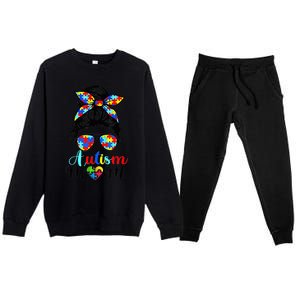 Be Kind Autism Awareness Messy Bun girl Wo Autism Mom Premium Crewneck Sweatsuit Set