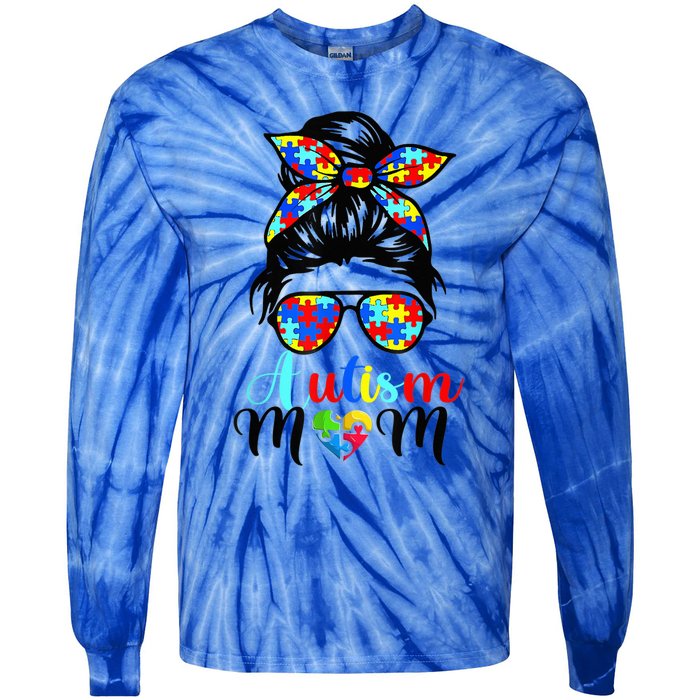 Be Kind Autism Awareness Messy Bun girl Wo Autism Mom Tie-Dye Long Sleeve Shirt