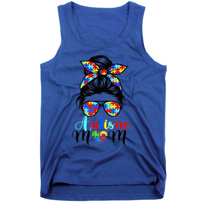 Be Kind Autism Awareness Messy Bun girl Wo Autism Mom Tank Top