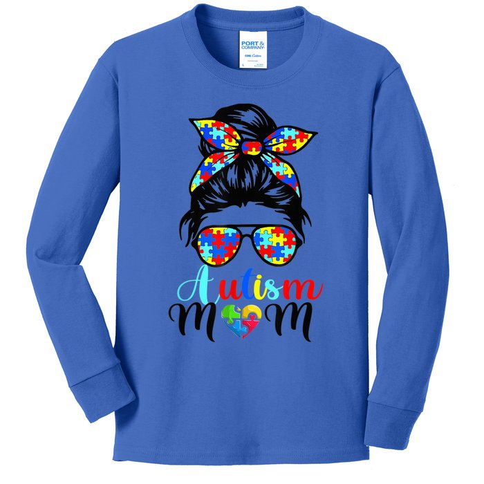 Be Kind Autism Awareness Messy Bun girl Wo Autism Mom Kids Long Sleeve Shirt