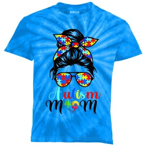 Be Kind Autism Awareness Messy Bun girl Wo Autism Mom Kids Tie-Dye T-Shirt