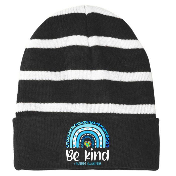 Be Kind Autism Awareness  Leopard Rainbow Striped Beanie with Solid Band