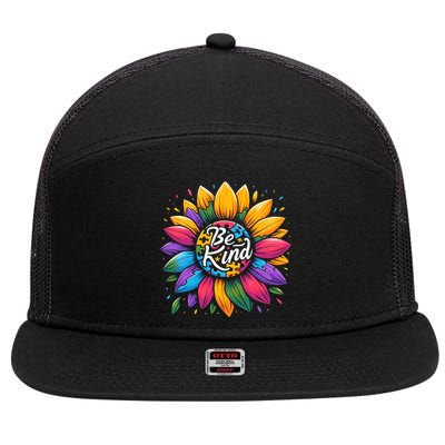 Be Kind Autism Awareness Gift Sunflower Meaningful Gift 7 Panel Mesh Trucker Snapback Hat