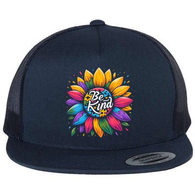 Be Kind Autism Awareness Gift Sunflower Meaningful Gift Flat Bill Trucker Hat