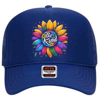 Be Kind Autism Awareness Gift Sunflower Meaningful Gift High Crown Mesh Back Trucker Hat