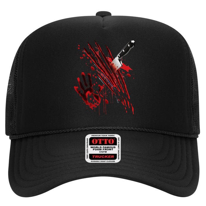 Bloody Knife Blood Stained Blood Splatter Funny High Crown Mesh Back Trucker Hat