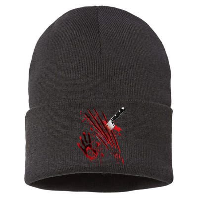 Bloody Knife Blood Stained Blood Splatter Funny Sustainable Knit Beanie