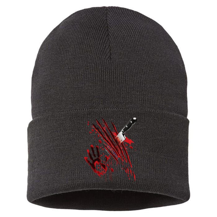 Bloody Knife Blood Stained Blood Splatter Funny Sustainable Knit Beanie