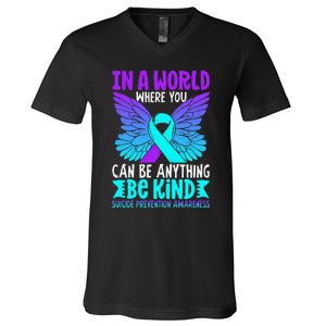 Be Kind Butterfly Teal Purple Ribbon Suicide Prevention V-Neck T-Shirt