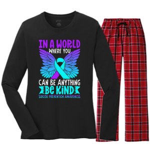 Be Kind Butterfly Teal Purple Ribbon Suicide Prevention Women's Long Sleeve Flannel Pajama Set 