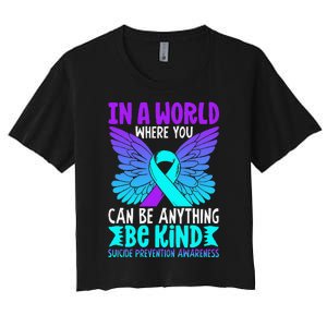 Be Kind Butterfly Teal Purple Ribbon Suicide Prevention Women's Crop Top Tee