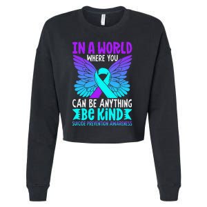 Be Kind Butterfly Teal Purple Ribbon Suicide Prevention Cropped Pullover Crew