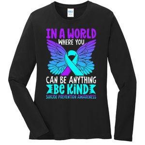 Be Kind Butterfly Teal Purple Ribbon Suicide Prevention Ladies Long Sleeve Shirt