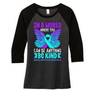 Be Kind Butterfly Teal Purple Ribbon Suicide Prevention Women's Tri-Blend 3/4-Sleeve Raglan Shirt