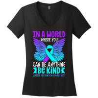 Be Kind Butterfly Teal Purple Ribbon Suicide Prevention Women's V-Neck T-Shirt