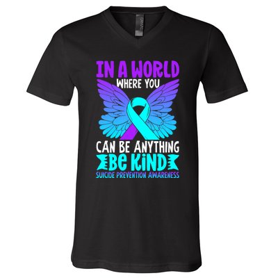 Be Kind Butterfly Teal Purple Ribbon Suicide Prevention V-Neck T-Shirt