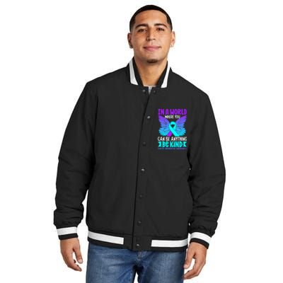 Be Kind Butterfly Teal Purple Ribbon Suicide Prevention Insulated Varsity Jacket