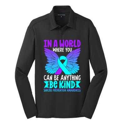 Be Kind Butterfly Teal Purple Ribbon Suicide Prevention Silk Touch Performance Long Sleeve Polo