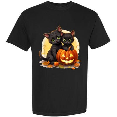 Black Kitten Cats Pumpkin Halloween Jack O Lantern Cute Garment-Dyed Heavyweight T-Shirt