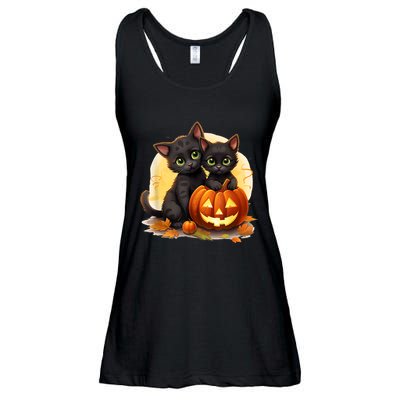 Black Kitten Cats Pumpkin Halloween Jack O Lantern Cute Ladies Essential Flowy Tank
