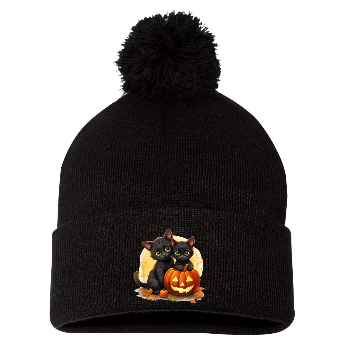 Black Kitten Cats Pumpkin Halloween Jack O Lantern Cute Pom Pom 12in Knit Beanie