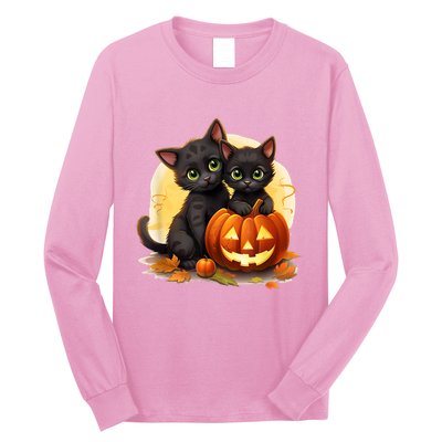 Black Kitten Cats Pumpkin Halloween Jack O Lantern Cute Long Sleeve Shirt