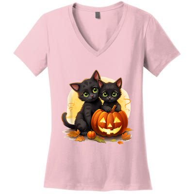 Black Kitten Cats Pumpkin Halloween Jack O Lantern Cute Women's V-Neck T-Shirt