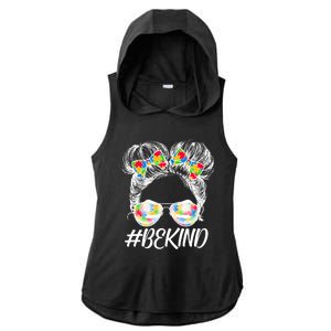 #Be Kind Cute Messy Bun Hair Autism Awareness Ladies PosiCharge Tri-Blend Wicking Draft Hoodie Tank