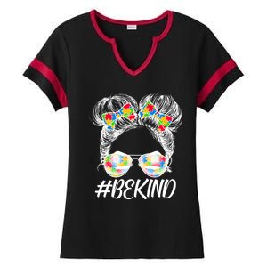 #Be Kind Cute Messy Bun Hair Autism Awareness Ladies Halftime Notch Neck Tee