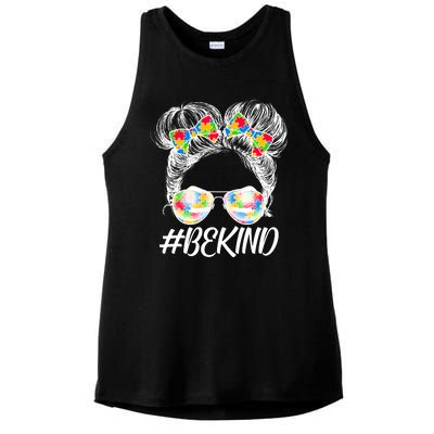 #Be Kind Cute Messy Bun Hair Autism Awareness Ladies PosiCharge Tri-Blend Wicking Tank