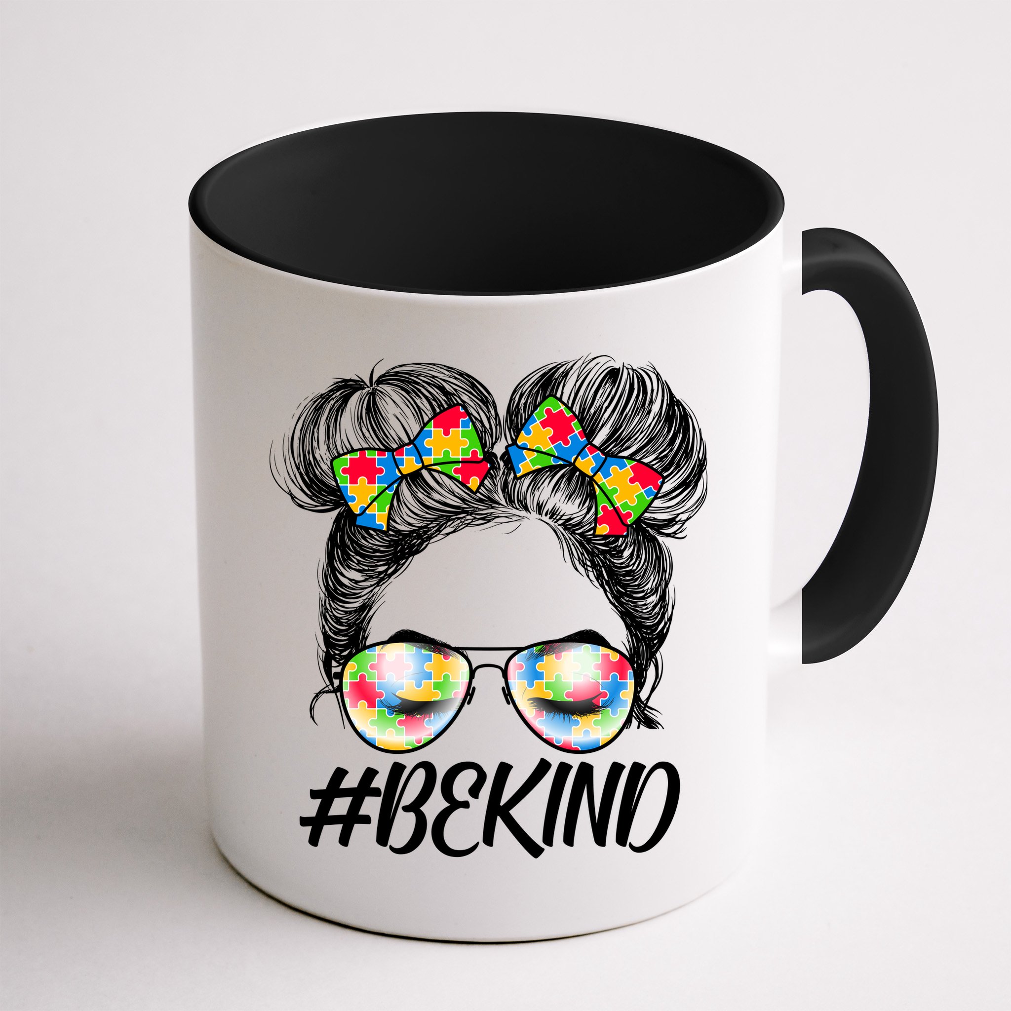 #Be Kind Cute Messy Bun Hair Autism Awareness Mug