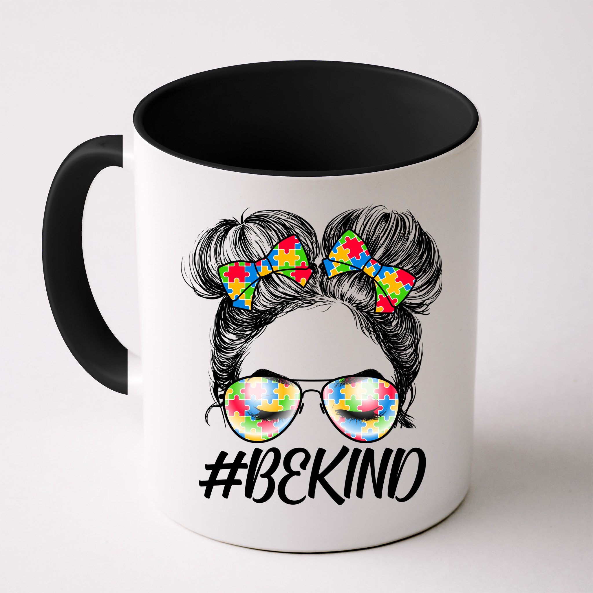 #Be Kind Cute Messy Bun Hair Autism Awareness Mug