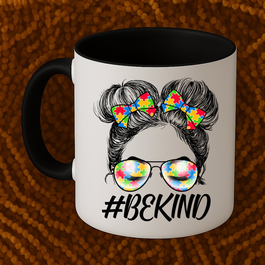 #Be Kind Cute Messy Bun Hair Autism Awareness Mug