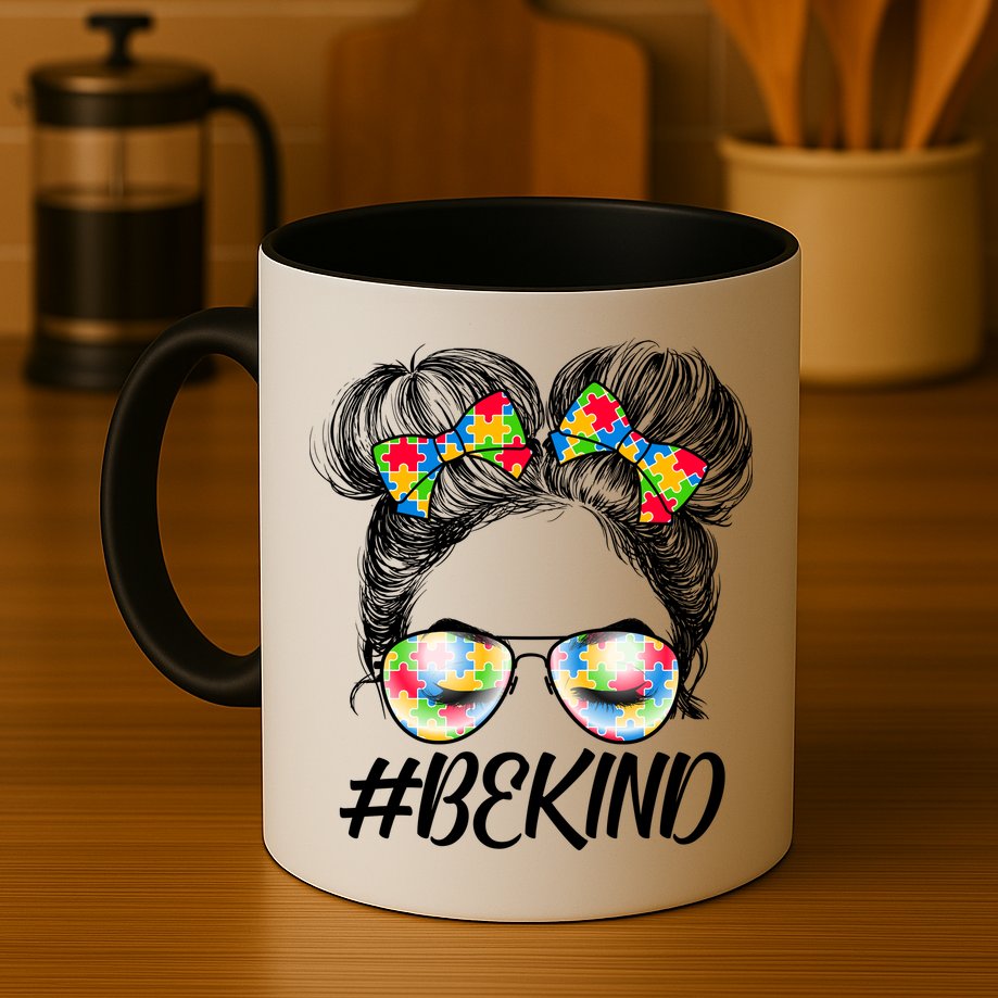 #Be Kind Cute Messy Bun Hair Autism Awareness Mug