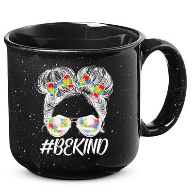 #Be Kind Cute Messy Bun Hair Autism Awareness 15oz Campfire Ceramic Mug