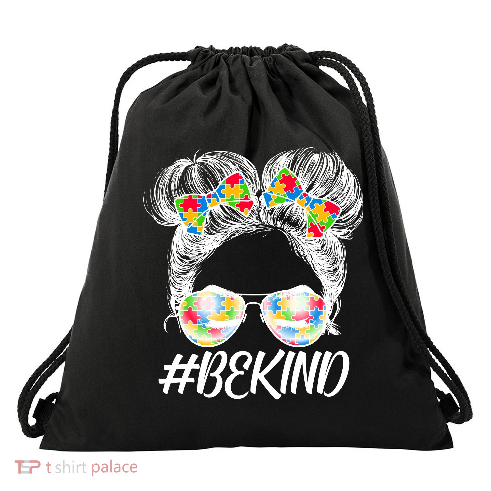 #Be Kind Cute Messy Bun Hair Autism Awareness Drawstring Bag