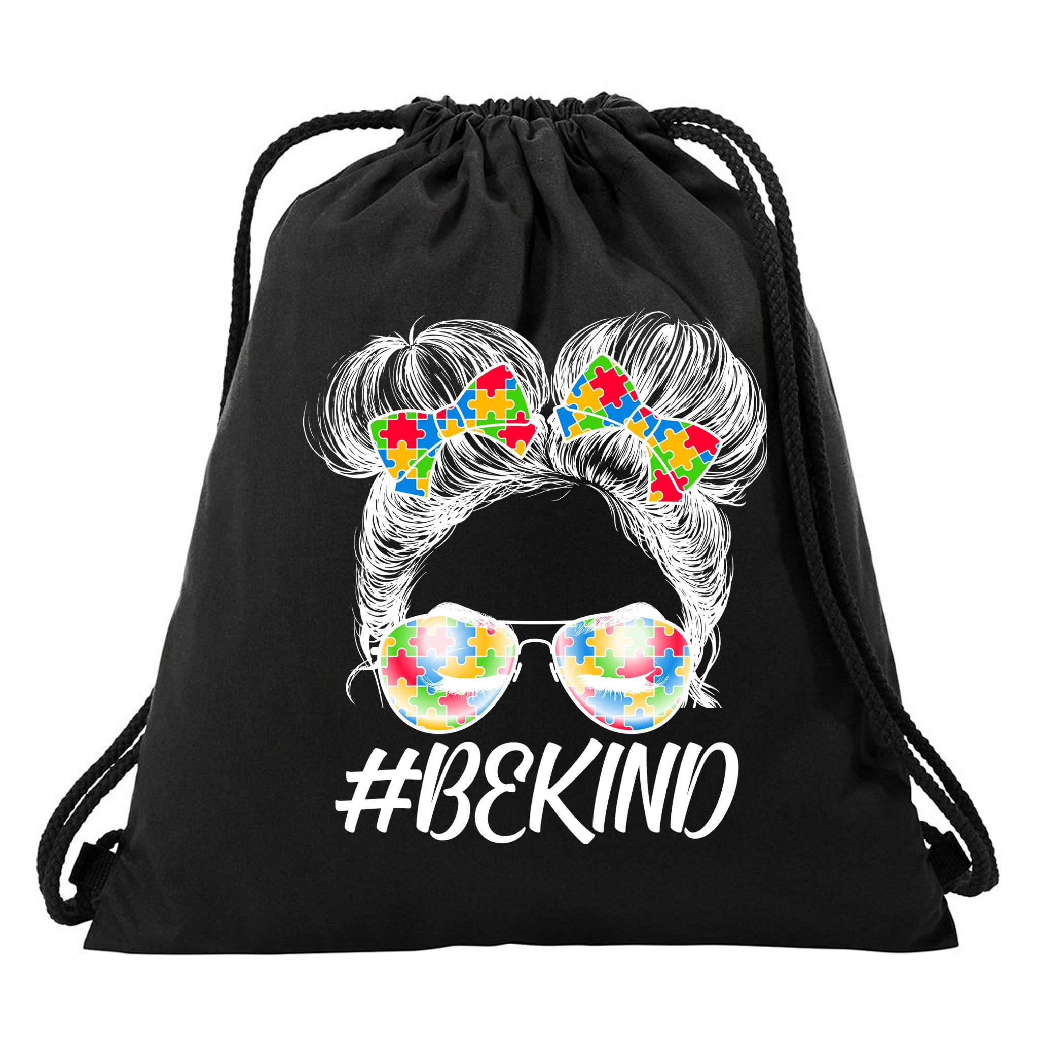#Be Kind Cute Messy Bun Hair Autism Awareness Drawstring Bag