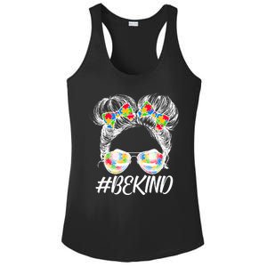 #Be Kind Cute Messy Bun Hair Autism Awareness Ladies PosiCharge Competitor Racerback Tank