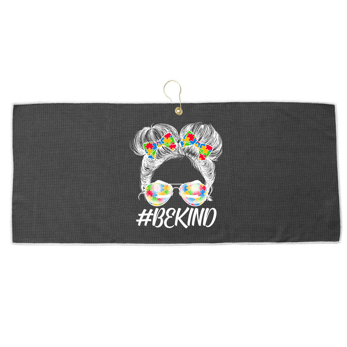 #Be Kind Cute Messy Bun Hair Autism Awareness Large Microfiber Waffle Golf Towel