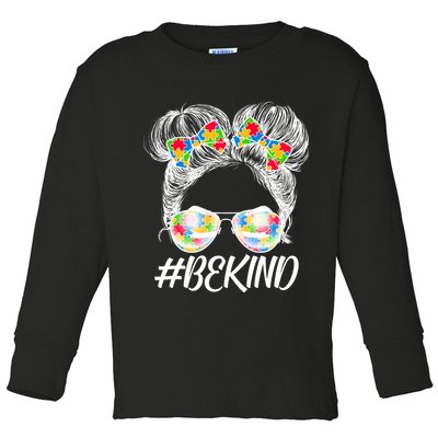 #Be Kind Cute Messy Bun Hair Autism Awareness Toddler Long Sleeve Shirt