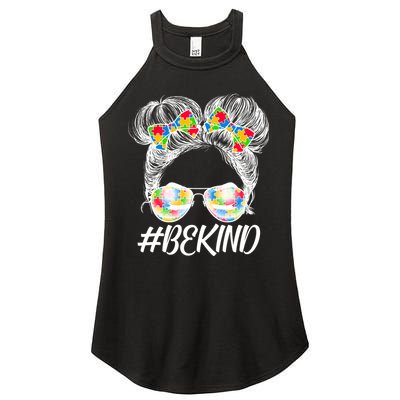 #Be Kind Cute Messy Bun Hair Autism Awareness Women's Perfect Tri Rocker Tank