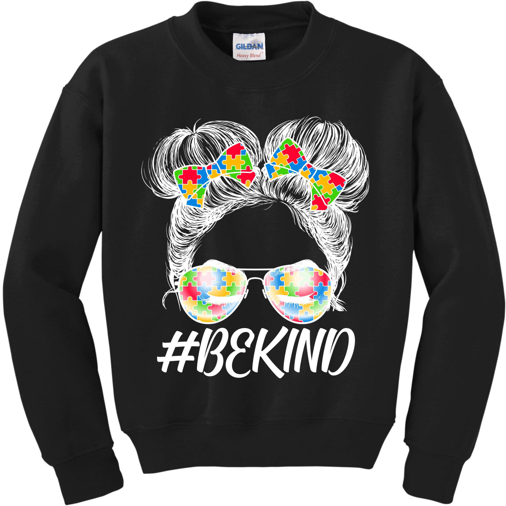 #Be Kind Cute Messy Bun Hair Autism Awareness Kids Sweatshirt