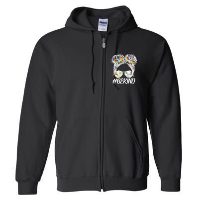 #Be Kind Cute Messy Bun Hair Autism Awareness Full Zip Hoodie