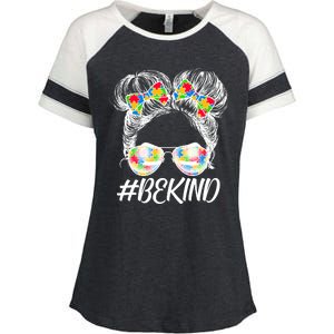 #Be Kind Cute Messy Bun Hair Autism Awareness Enza Ladies Jersey Colorblock Tee