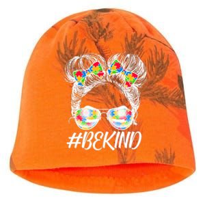 #Be Kind Cute Messy Bun Hair Autism Awareness Kati - Camo Knit Beanie