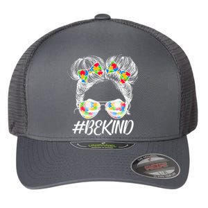 #Be Kind Cute Messy Bun Hair Autism Awareness Flexfit Unipanel Trucker Cap